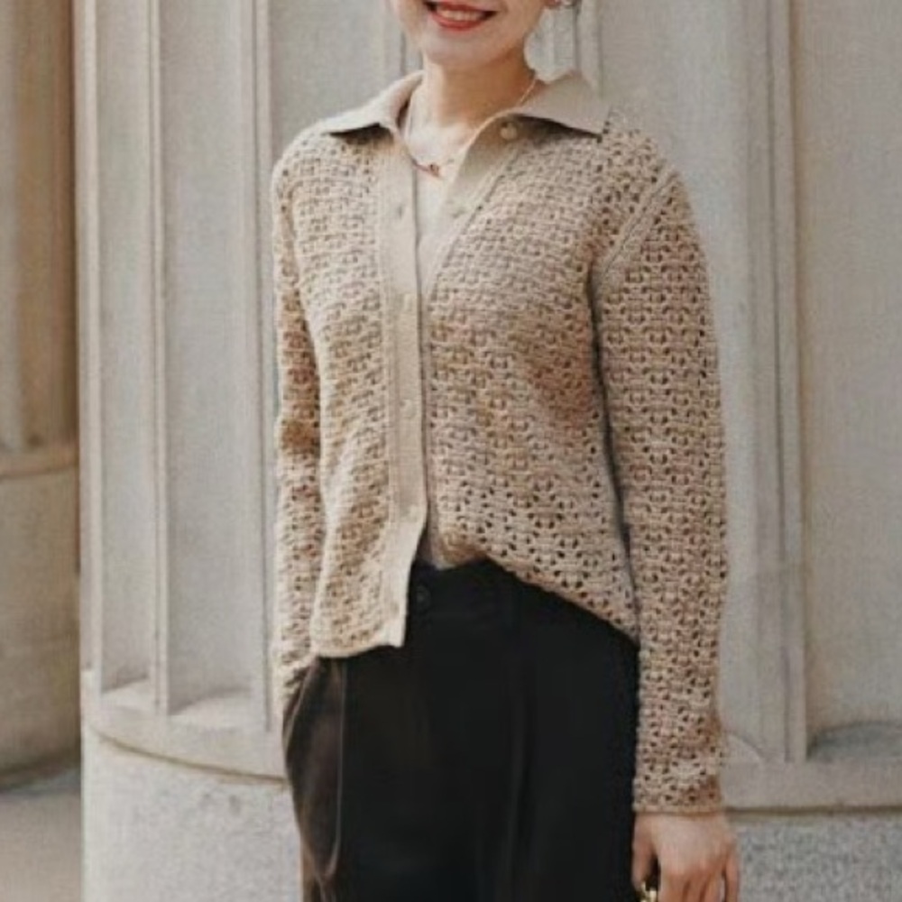 Vince Beige Crocheted Openwork Cardigan